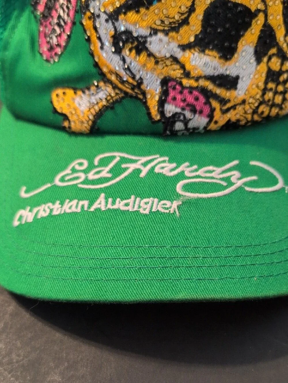 Ed Hardy Kids Green Sequin Skull Cap by Christian Audigier